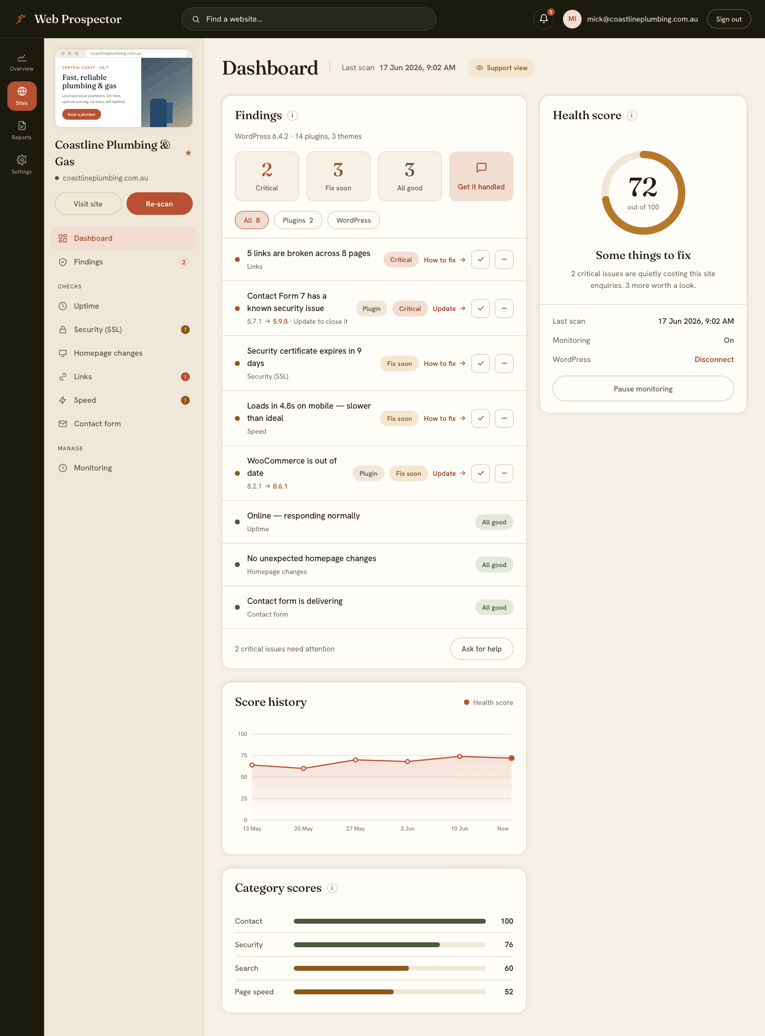 The Web Prospector dashboard showing a website health score for a demo business, with findings and ongoing monitoring.